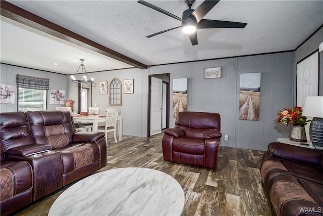 living room with ceiling fan with notable chandelier, beamed ceiling, ornamental molding, dark wood-type flooring, and a textured ceiling