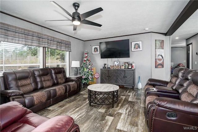 living room with wood-type flooring, ornamental molding, and ceiling fan