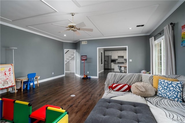 1400 Greymont Ln, Tuscaloosa, AL 35406 - living room with wood finished floors, ceiling fan, attic access, baseboards, and ornamental molding