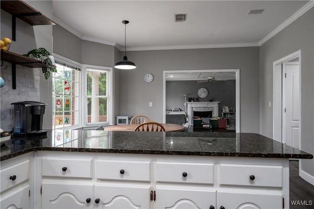 1400 Greymont Ln, Tuscaloosa, AL 35406 - kitchen featuring open shelves, crown molding, white cabinets, a fireplace, and a ceiling fan