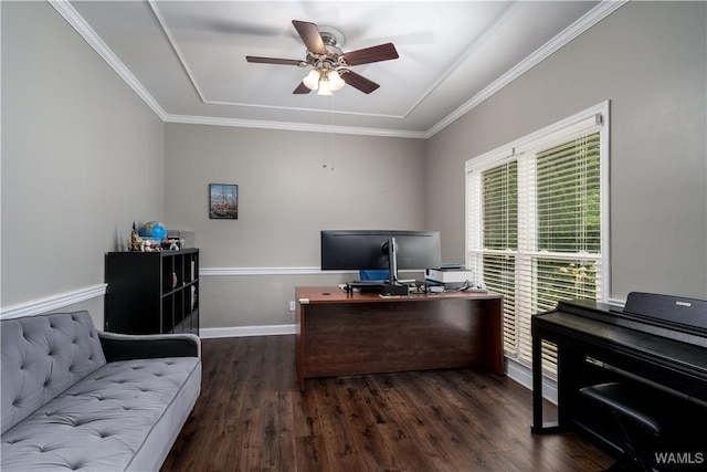1400 Greymont Ln, Tuscaloosa, AL 35406 - office featuring dark wood-type flooring, a ceiling fan, a tray ceiling, and ornamental molding