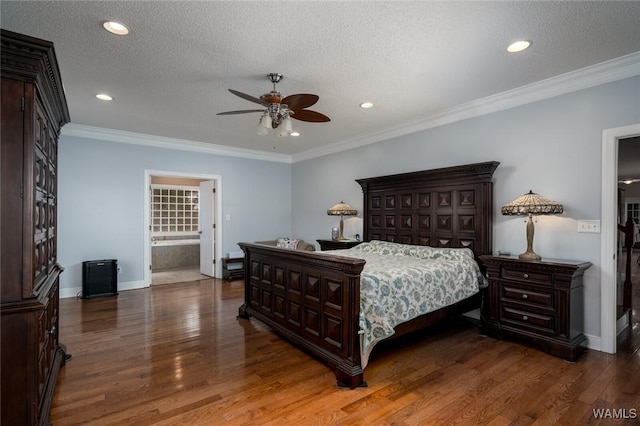 bedroom with dark wood-type flooring, ceiling fan, ornamental molding, and a textured ceiling