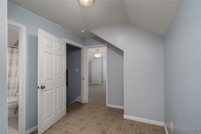 interior space featuring light colored carpet, lofted ceiling, and a textured ceiling