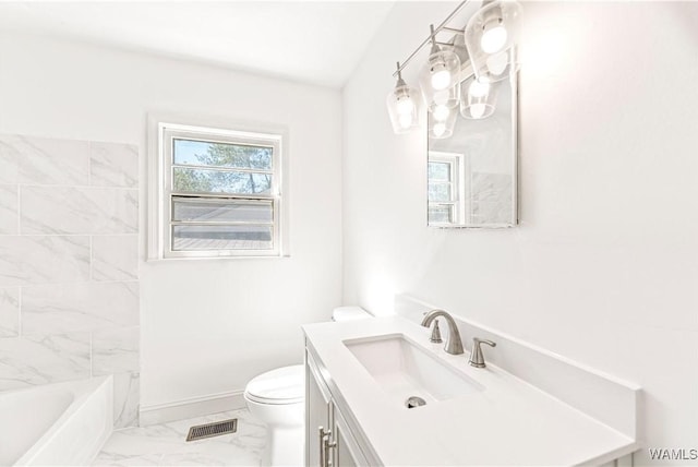 bathroom featuring baseboards, visible vents, toilet, marble finish floor, and vanity