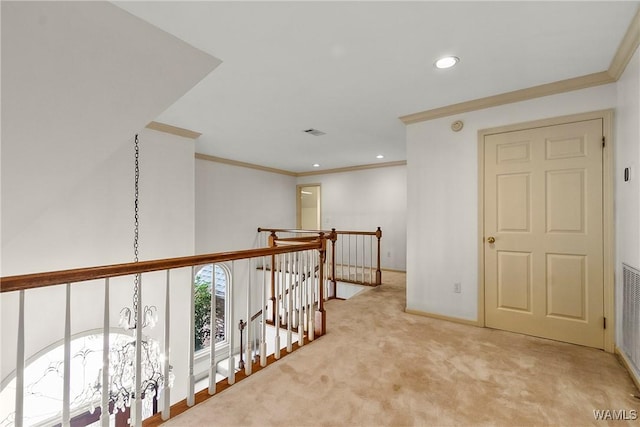 6803 Emerald Ln, Tuscaloosa, AL 35406 - hall featuring ornamental molding, an upstairs landing, carpet floors, recessed lighting, and baseboards