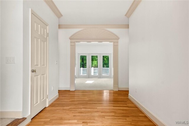 6803 Emerald Ln, Tuscaloosa, AL 35406 - corridor with ornamental molding, light wood-type flooring, french doors, and baseboards