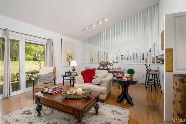 living area with wood finished floors, rail lighting, and baseboards