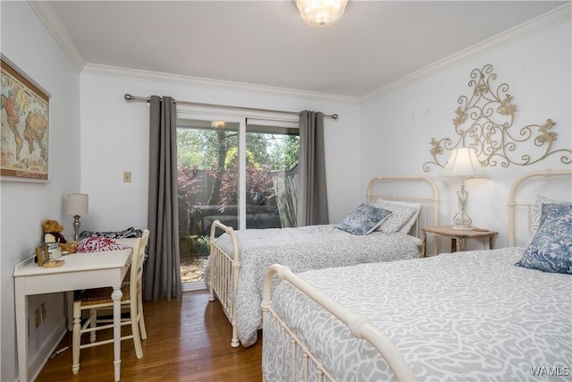 bedroom with access to outside, wood finished floors, and crown molding