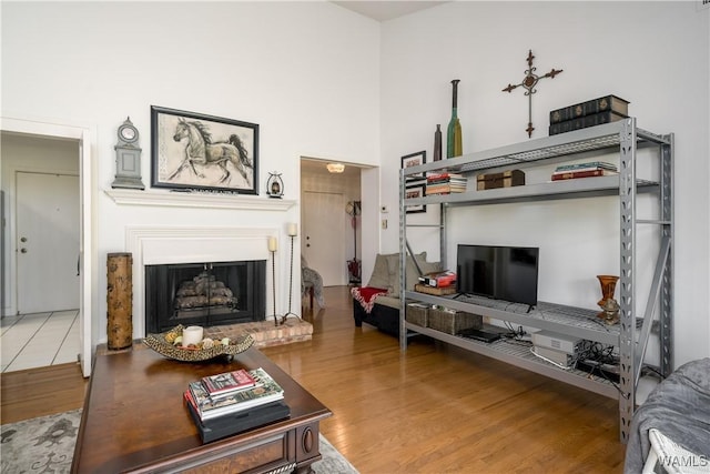 living area featuring a high ceiling, a fireplace with raised hearth, and wood finished floors