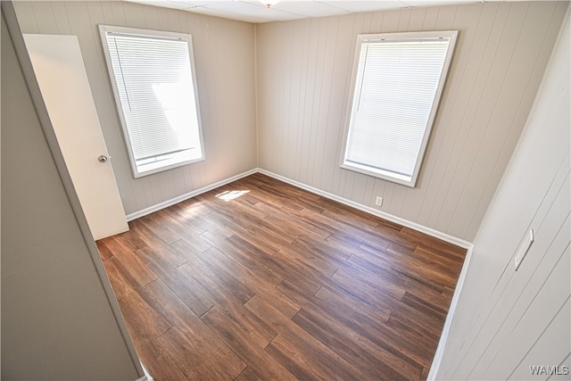 spare room with a healthy amount of sunlight, dark hardwood / wood-style flooring, and wooden walls