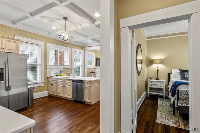 kitchen with stainless steel appliances, dark wood-type flooring, coffered ceiling, a sink, and baseboards