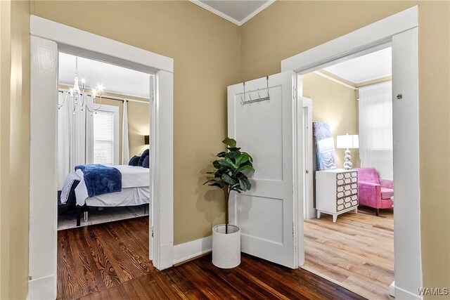 corridor featuring baseboards, an inviting chandelier, wood finished floors, and crown molding