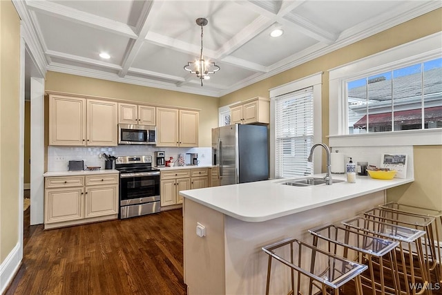 kitchen with tasteful backsplash, coffered ceiling, appliances with stainless steel finishes, a peninsula, and a sink