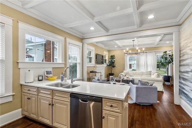 kitchen with dark wood-type flooring, coffered ceiling, a sink, open floor plan, and dishwasher