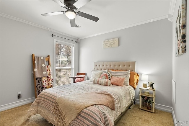 bedroom featuring ornamental molding, light carpet, ceiling fan, and baseboards