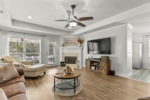 living room featuring wood finished floors, a raised ceiling, and baseboards