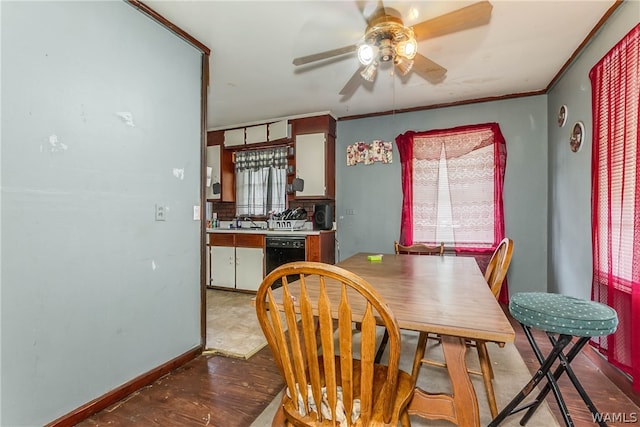 dining room featuring ceiling fan and crown molding
