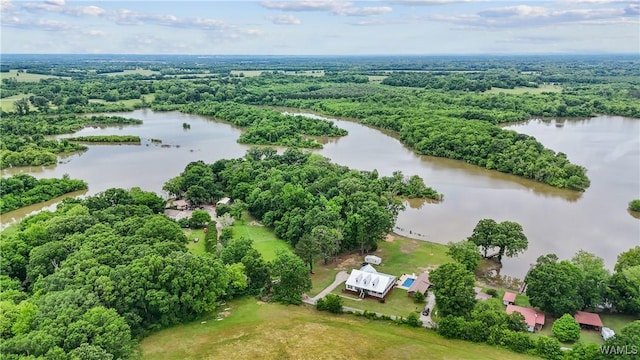 aerial view of a nearby body of water and a forest