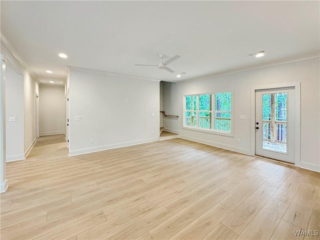 8 Northside Rd, Berry, AL 35546 - empty room with crown molding, a ceiling fan, baseboards, light wood-style floors, and recessed lighting