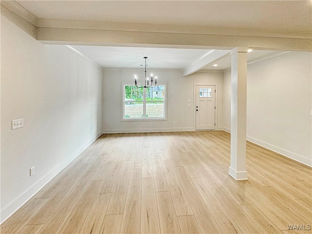 8 Northside Rd, Berry, AL 35546 - interior space featuring light wood-style floors, a chandelier, baseboards, beam ceiling, and ornamental molding