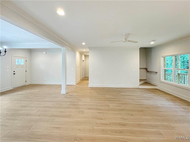 8 Northside Rd, Berry, AL 35546 - unfurnished living room with light wood-style floors, baseboards, a ceiling fan, recessed lighting, and ornamental molding