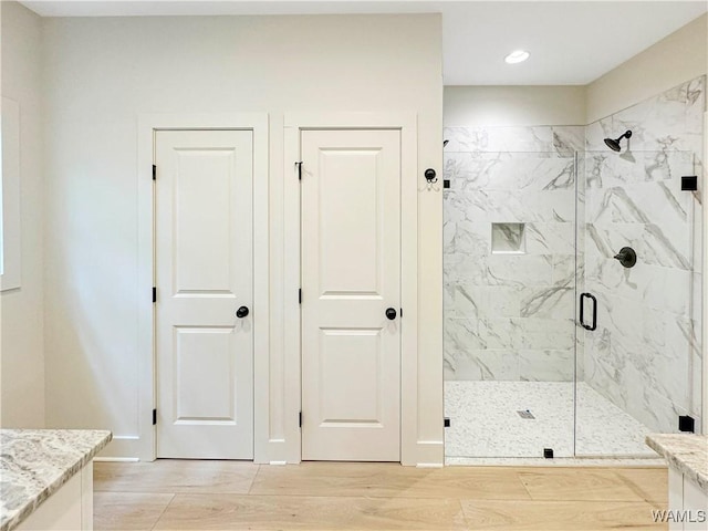 8 Northside Rd, Berry, AL 35546 - full bath featuring a marble finish shower, vanity, wood finished floors, and recessed lighting
