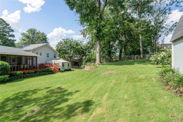 1428 Plymouth Ln, Tuscaloosa, AL 35406 - view of yard with a deck, a storage shed, and a sunroom