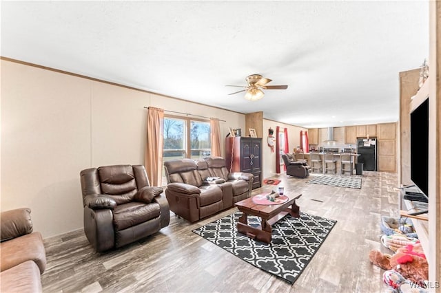 living room with light wood-type flooring and ceiling fan