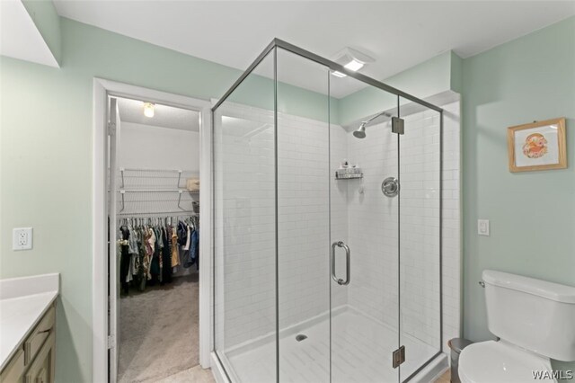 bathroom featuring vanity, toilet, and walk in shower