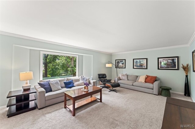 carpeted living room featuring crown molding