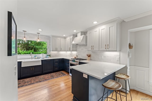 kitchen with white cabinetry, wall chimney exhaust hood, high end stove, kitchen peninsula, and a breakfast bar