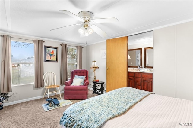 bedroom featuring a ceiling fan, carpet, and baseboards