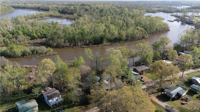 aerial view featuring a water view and a view of trees