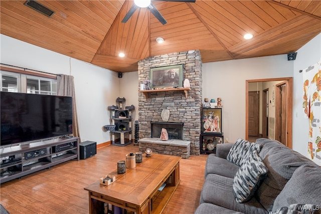 living room featuring ceiling fan, a fireplace, wooden ceiling, and hardwood / wood-style flooring