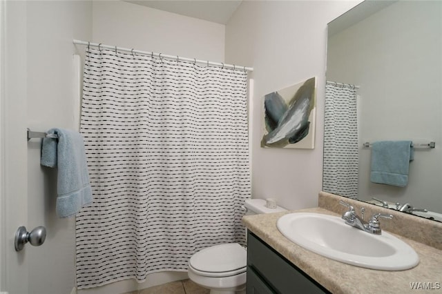 bathroom featuring tile patterned floors, vanity, toilet, and a shower with shower curtain