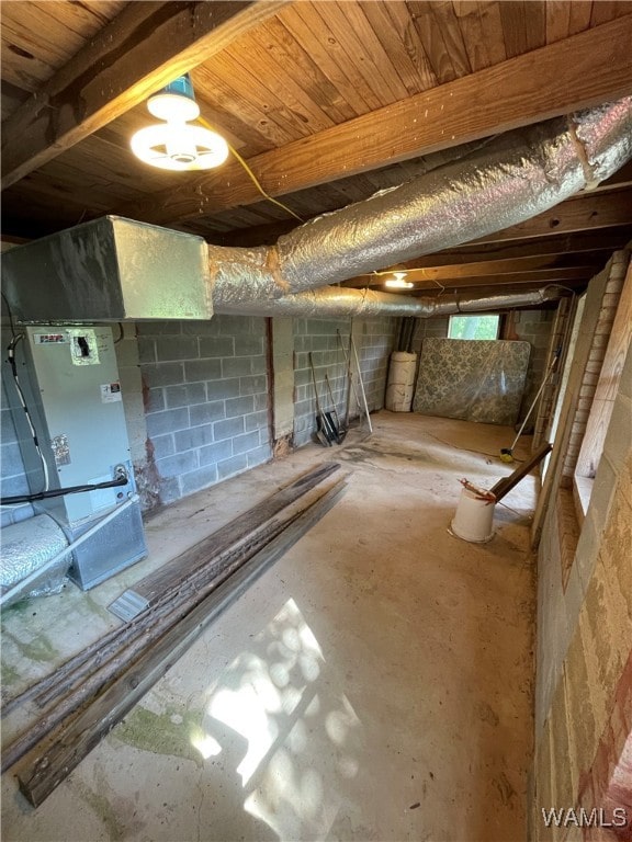 basement with heating unit and wood ceiling