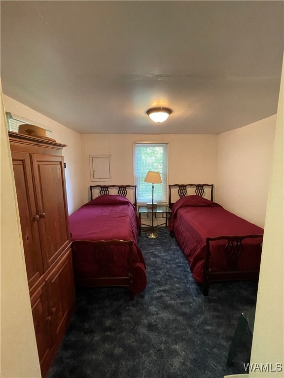 bedroom with dark carpet