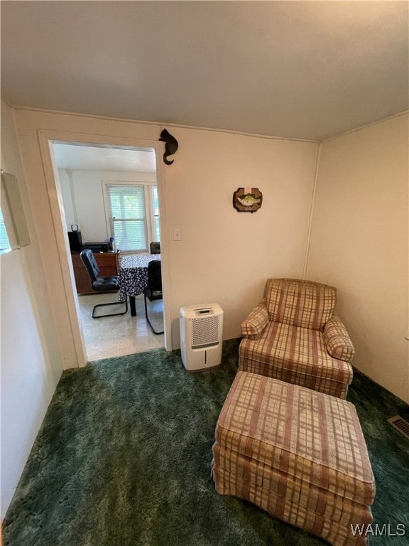 living area featuring dark colored carpet