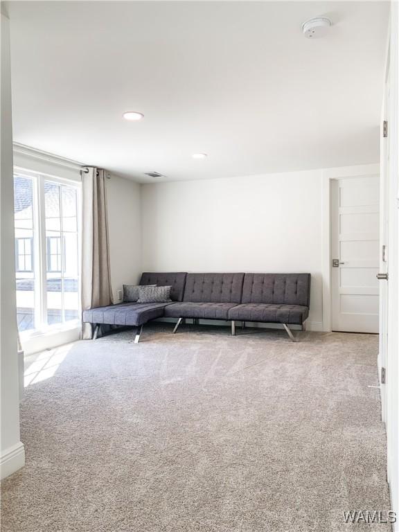 living room featuring light colored carpet