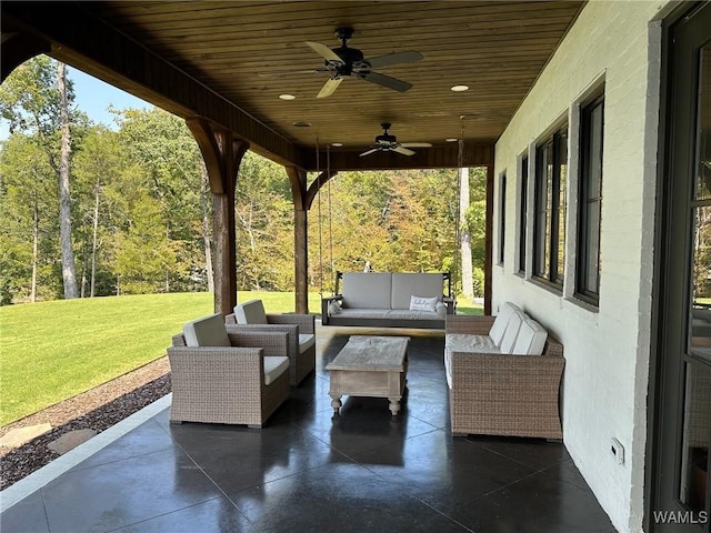 view of patio / terrace featuring ceiling fan and an outdoor hangout area