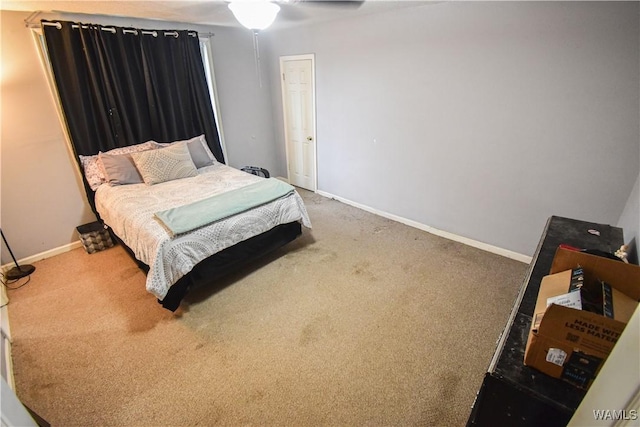 bedroom featuring ceiling fan and carpet