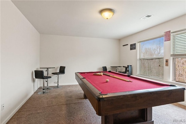 recreation room featuring carpet and pool table