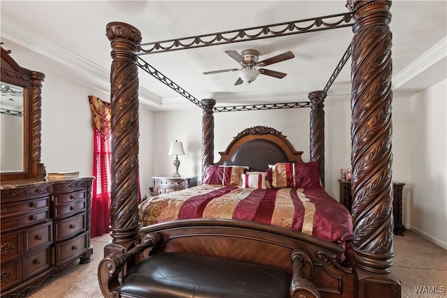 bedroom with crown molding, ceiling fan, and light carpet