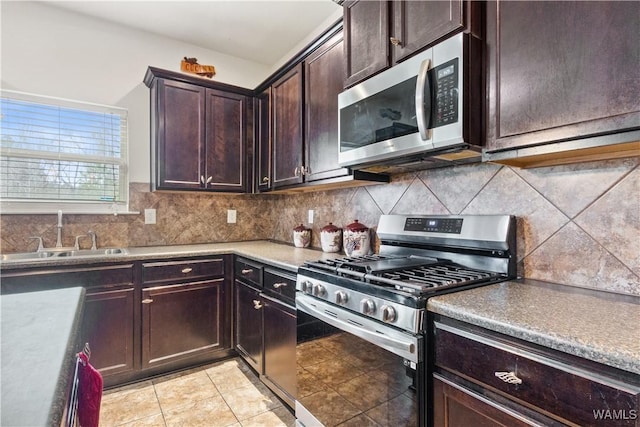 kitchen with sink, backsplash, dark brown cabinets, and stainless steel appliances