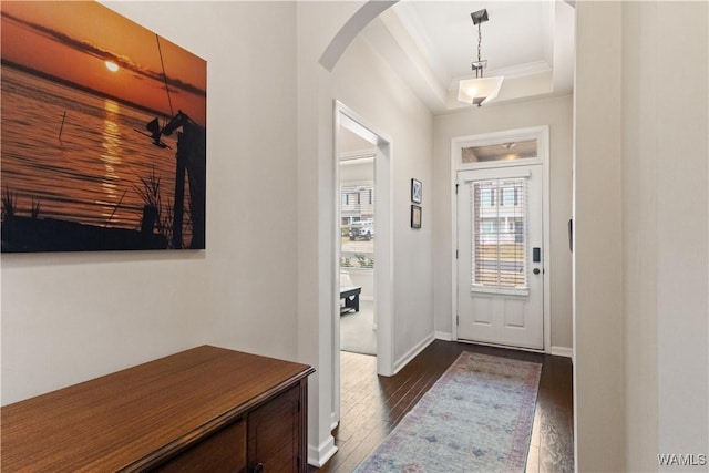 entryway with a raised ceiling, ornamental molding, and dark hardwood / wood-style flooring