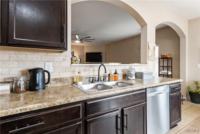 kitchen featuring dishwasher, sink, backsplash, ceiling fan, and dark brown cabinets