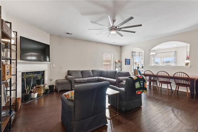 living room featuring a premium fireplace, a healthy amount of sunlight, and dark wood-type flooring