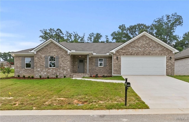 ranch-style home featuring a garage, brick siding, driveway, and a front yard