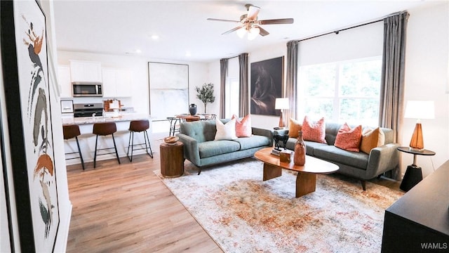9349 Havenridge Loop, Tuscaloosa, AL 35405 - living room with light wood-style floors, a ceiling fan, and recessed lighting