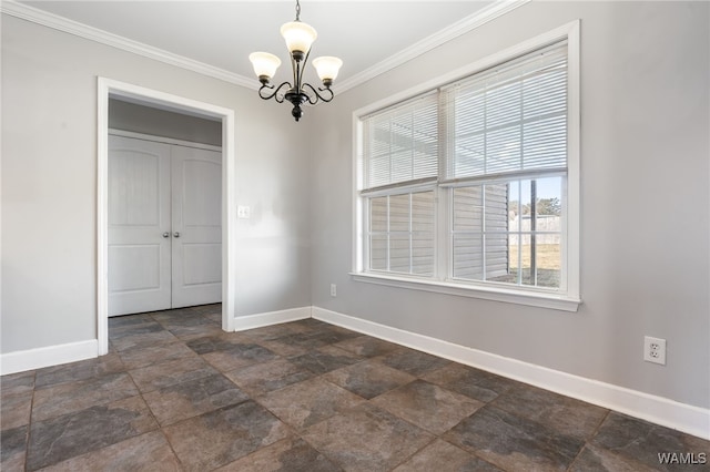 unfurnished room with plenty of natural light, a notable chandelier, and ornamental molding